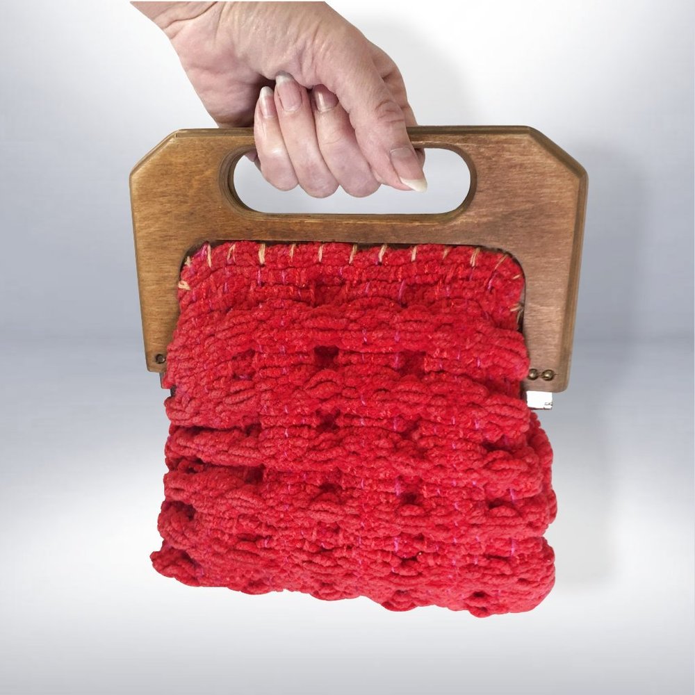 VINTAGE 1960s Red Chenille Bermuda Bag with Wooden Handle purse